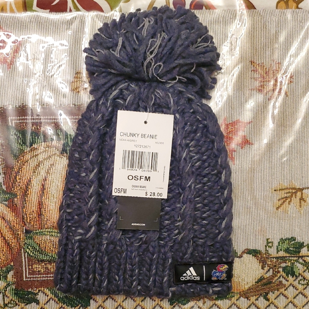 Kansas Jayhawks Adidas Gray Beanie with Pom